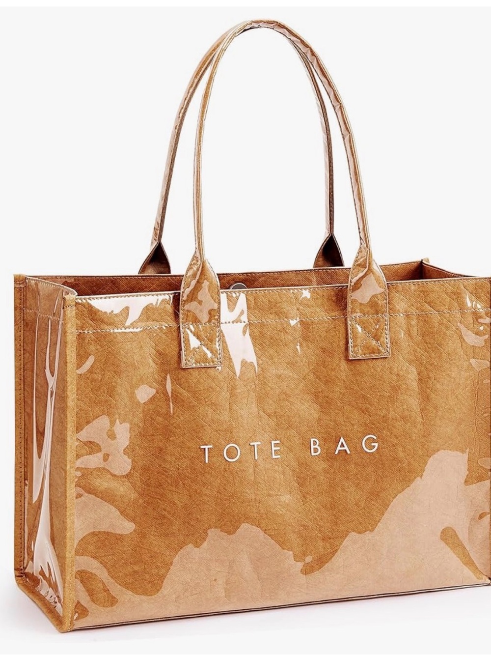 Clear-Coated Brown Tote Bag with 'TOTE BAG' Print